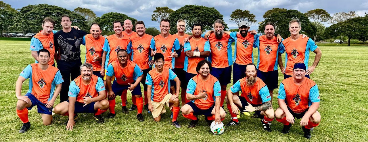 Kaiser808 FC men's 45+ soccer team on the pitch in Honolulu, Oahu, Hawaii